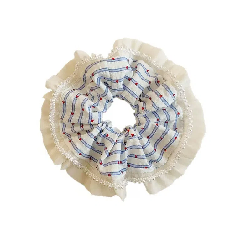 希铃 韩系蓝色条纹 蕾丝 发圈 女款