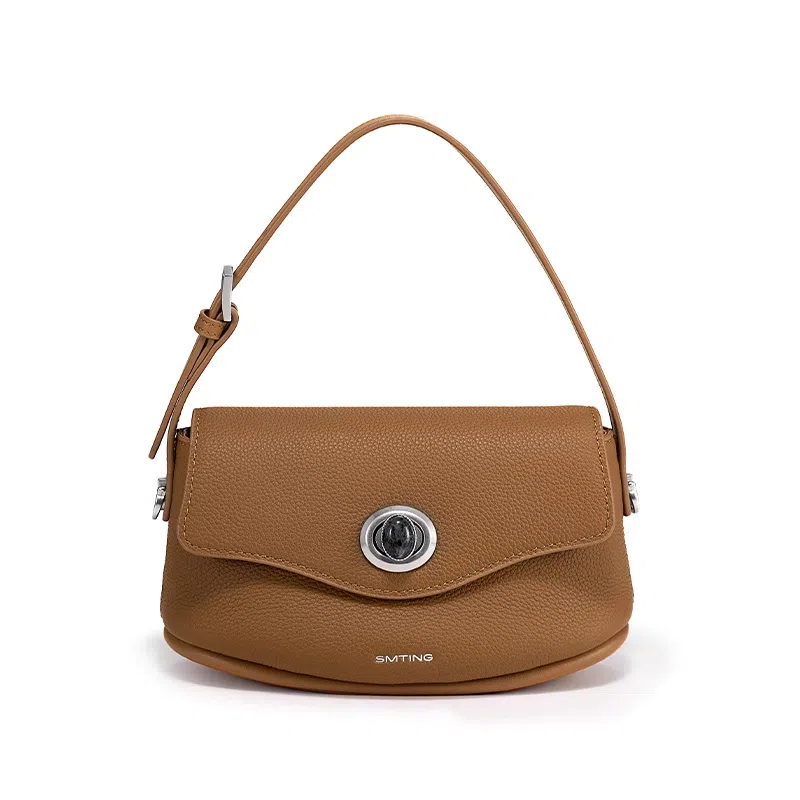 西木汀 枫糖 小众品牌设计复古百搭通勤高级感单肩包 头层牛皮 手提包 小号 女款 焦糖棕/大象灰