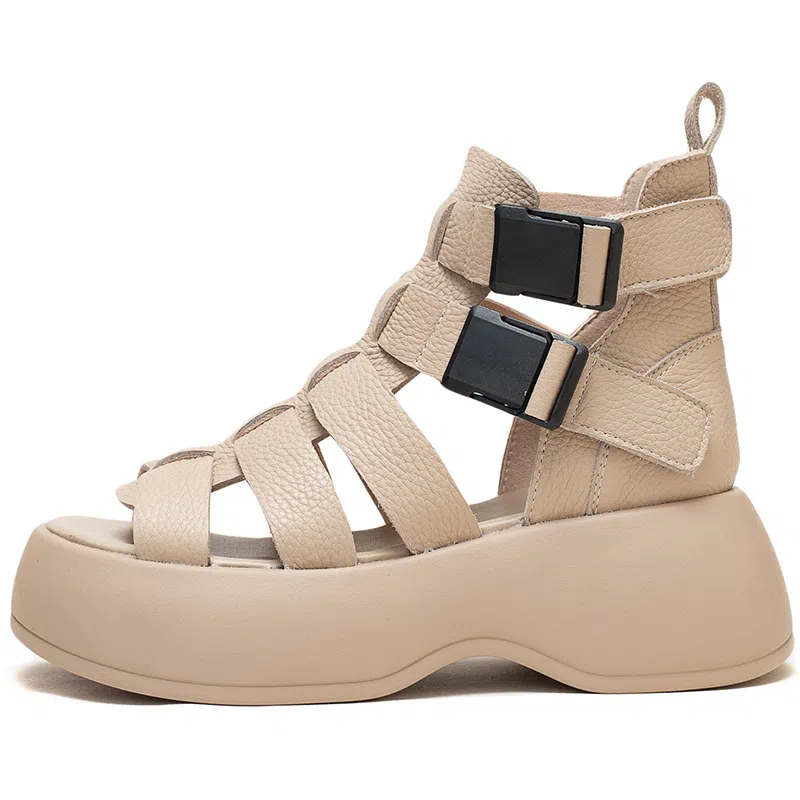 杰骤 头层牛皮 厚底复古 时尚潮流 简约百搭 罗马凉鞋 女