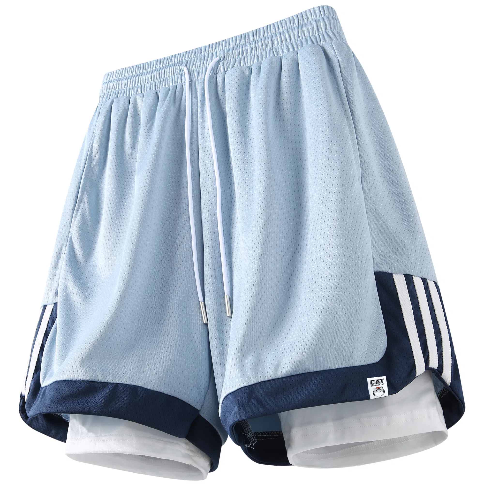 吾皇猫 美式复古简约基础款学院风三条杠假两件拼接健身跑步运动休闲裤子直筒宽松时尚百搭舒适透气潮牌网眼篮球裤 男女同款