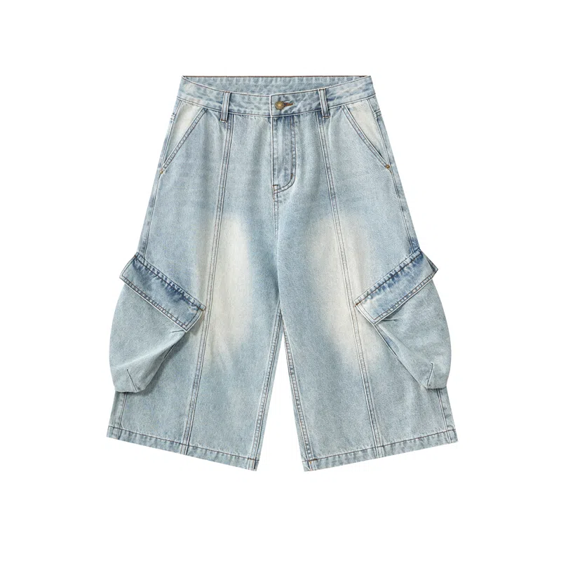 赞仕 美式复古侧边大口袋设计七分裤宽松休闲做旧牛仔短裤 男款