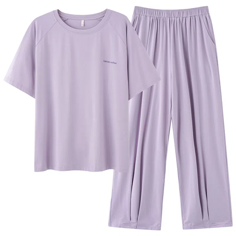 莫代尔 宽松显瘦轻薄透气圆领套头个性百搭舒适柔软亲肤细腻短袖长裤不易起球家居服可外穿女士睡衣套装 女款