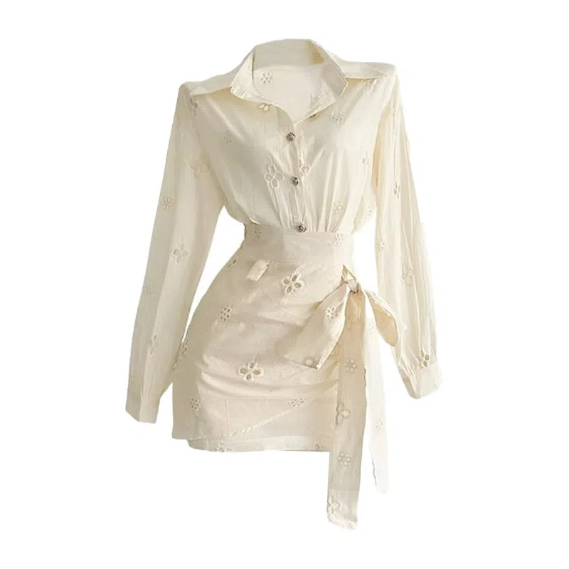 木清清 法式长袖衬衫气质高腰收腰绑带半身裙裙装套装 女款