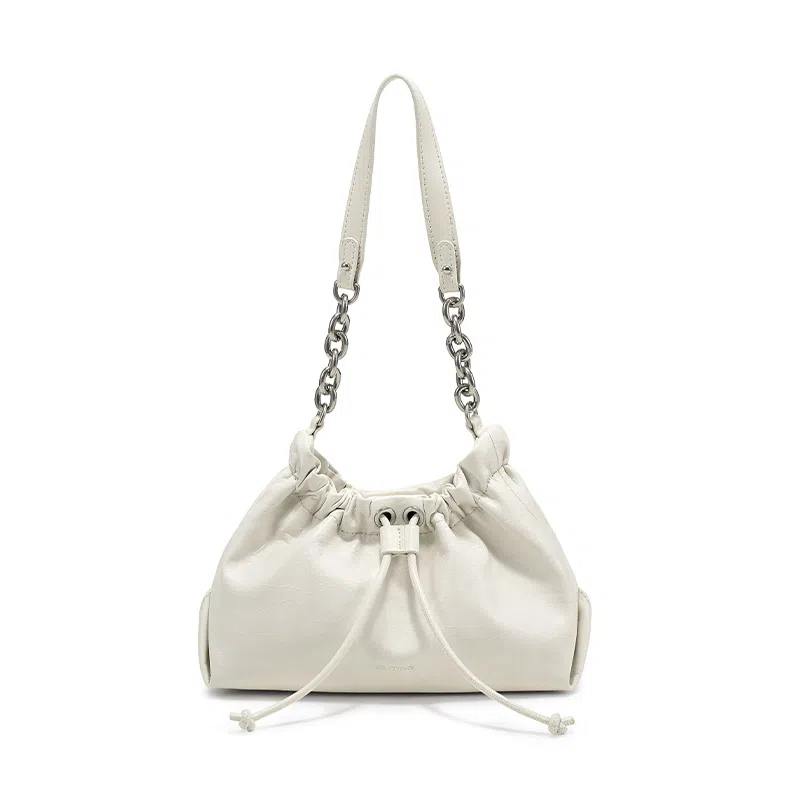 西木汀 云缦 小众品牌设计褶皱云朵包高级感小巧腋下包通勤百搭 牛皮 斜挎包 小号 女款 深邃黑/开心果白