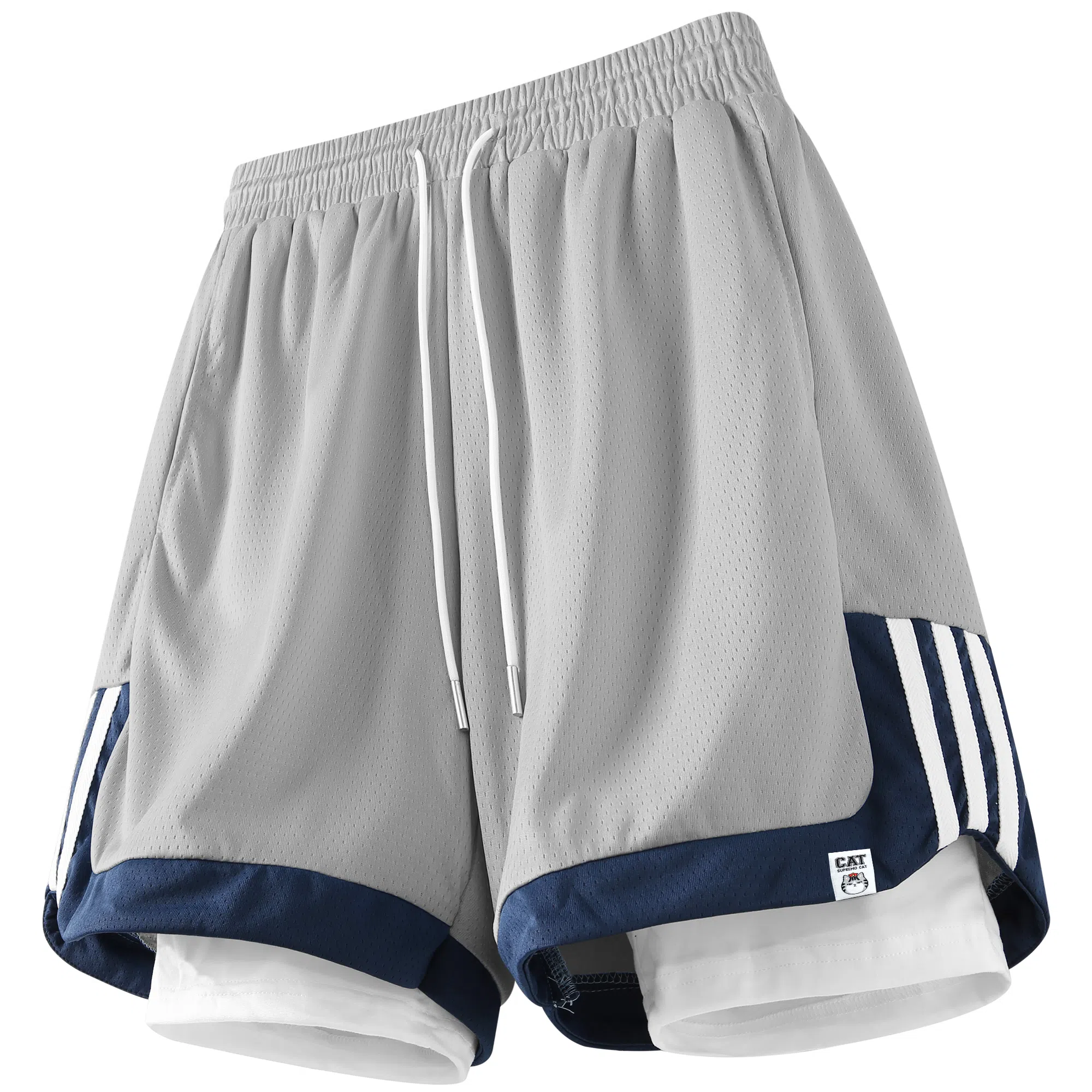 吾皇猫 美式复古简约基础款学院风三条杠假两件拼接健身跑步运动休闲裤子直筒宽松时尚百搭舒适透气潮牌网眼篮球裤 男女同款