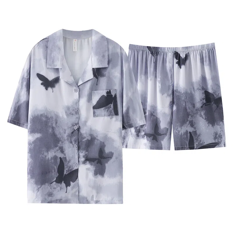 莫代尔 休闲简约宽松细腻翻领开衫舒适柔软亲肤透气显瘦个性无束缚短袖短裤情侣款家居服可外穿睡衣套装 男女同款