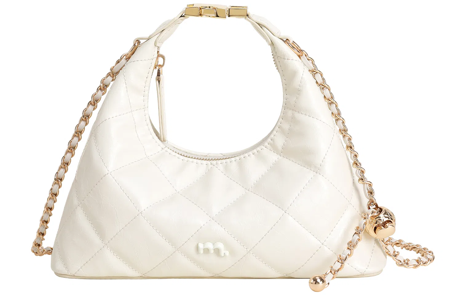 妙迪 小香风菱格链条包高级感时尚精致少女约会派对简约百搭饺子月牙包饭盒包 牛皮 单肩斜挎手提包 小号 女款 奶昔白