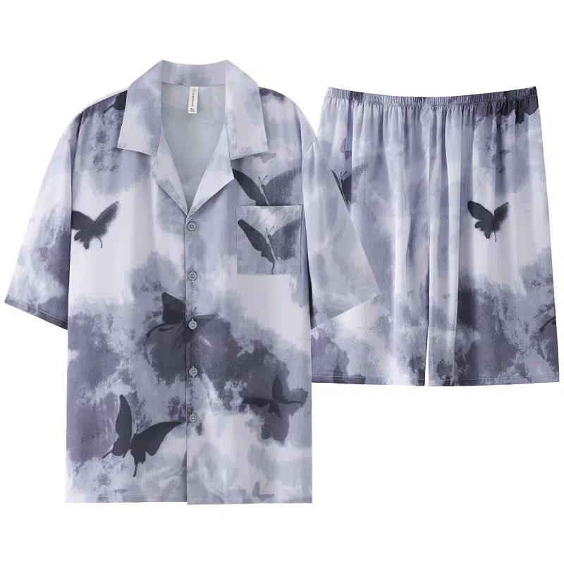 莫代尔 休闲简约宽松细腻翻领开衫舒适柔软亲肤透气显瘦个性无束缚短袖短裤情侣款家居服可外穿睡衣套装 男女同款