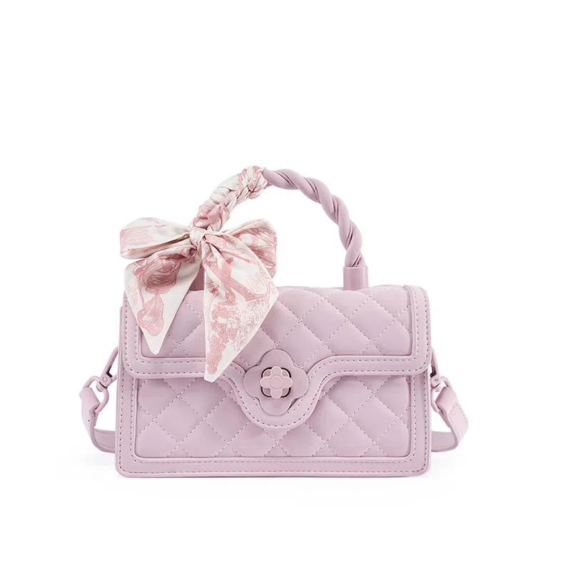 老人头 小众设计高级感菱格 聚氨酯拼合成革 手提包 女款 樱花粉