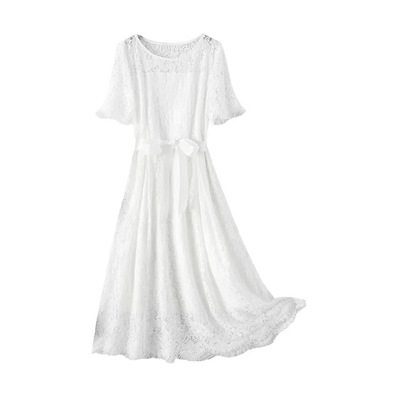 潞优野 优雅蕾丝圆领修身收腰短袖连衣裙 女款