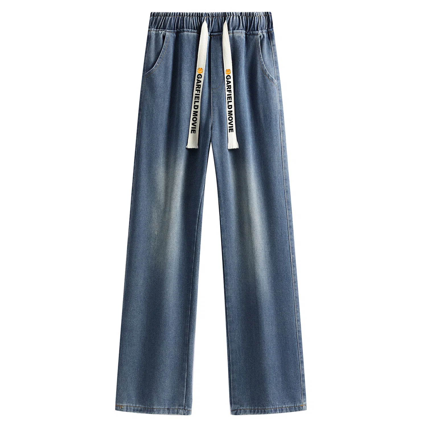 加菲猫家族 美式潮流高街复古水洗做旧直筒垂感高级感显高宽松舒适透气简约日常时尚百搭字母印花系带调节中腰牛仔裤 男女同款