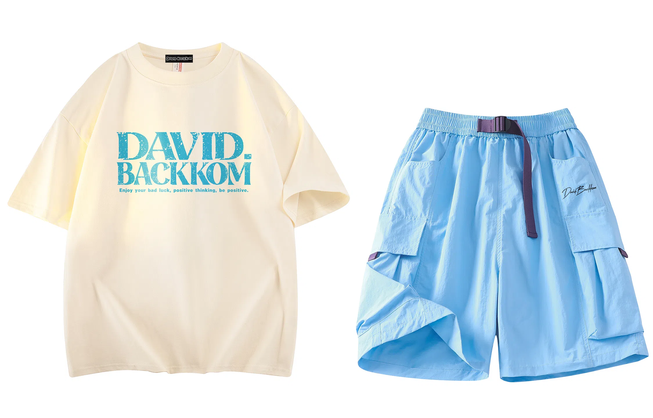 大卫贝肯 ×贝肯熊 联名款 幸运四叶草打碎字母印花透气圆领短袖手写撞色工装五分裤休闲运动套装 男女同款