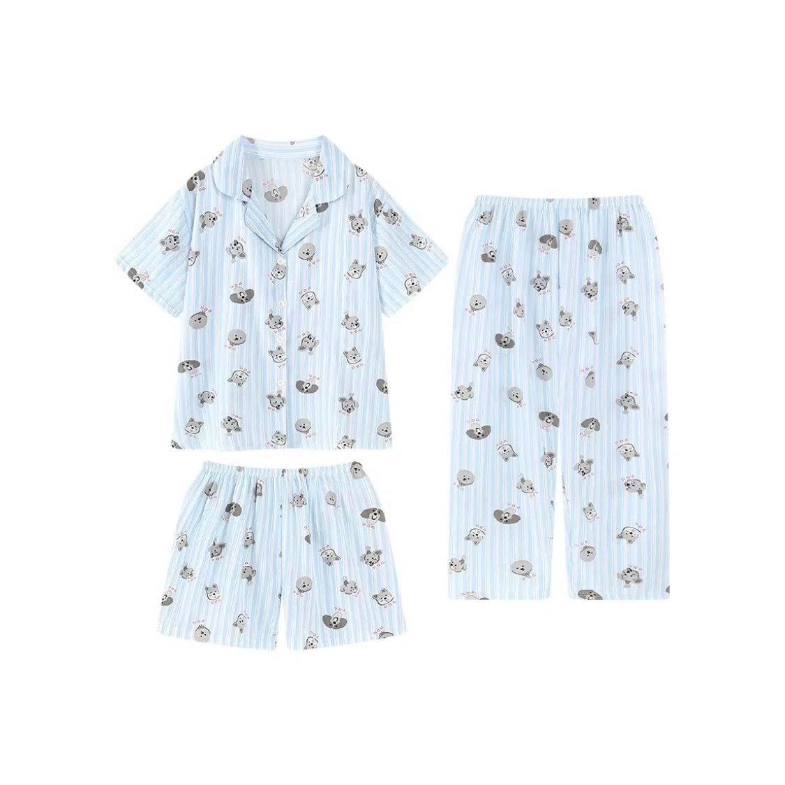 夏芬妍 柔软舒适条纹萌狗云朵棉翻领开衫家居服亲肤休闲短袖三件套时尚可外穿睡衣套装 女款 蓝色