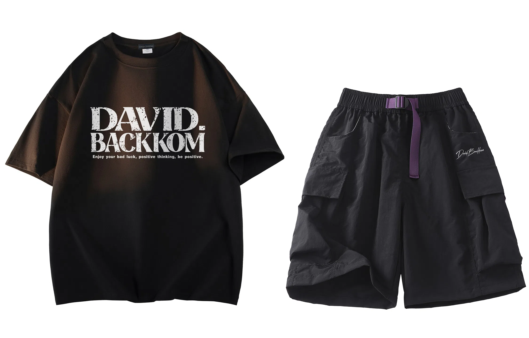 大卫贝肯 ×贝肯熊 联名款 幸运四叶草打碎字母印花透气圆领短袖手写撞色工装五分裤休闲运动套装 男女同款