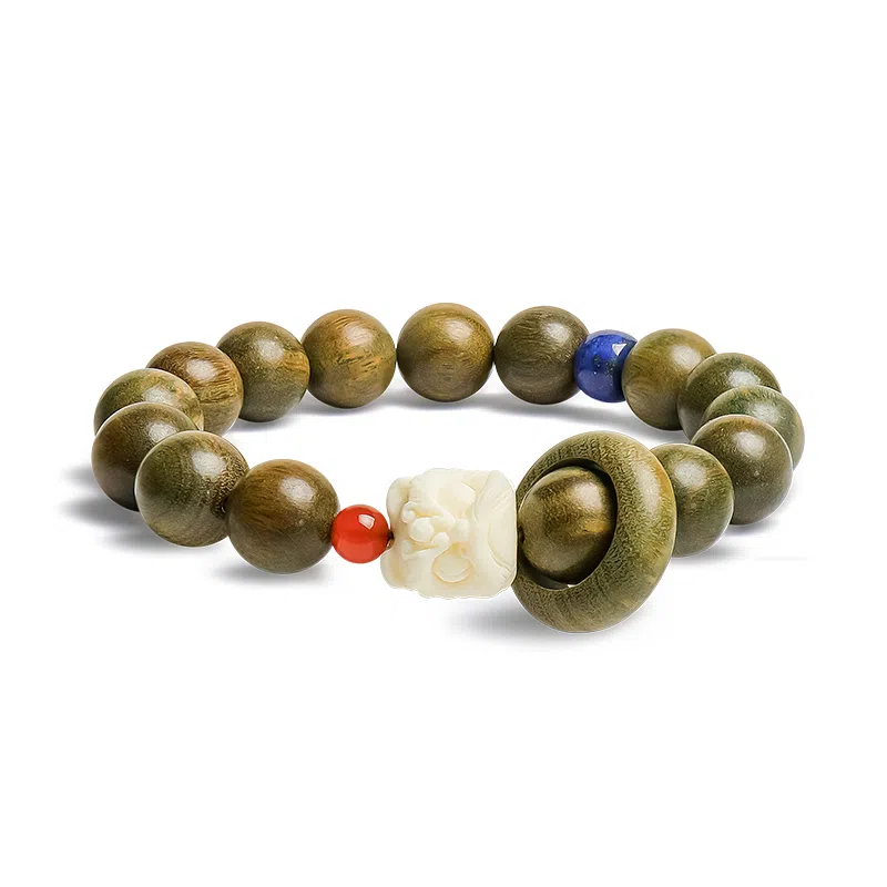 木盛缘 【狮来运转扭转乾坤】新中式国潮转运上岸醒狮搭配财源滚滚招财纳福跑环单圈文玩木饰#好运 绿檀 手串 男女同款情侣款