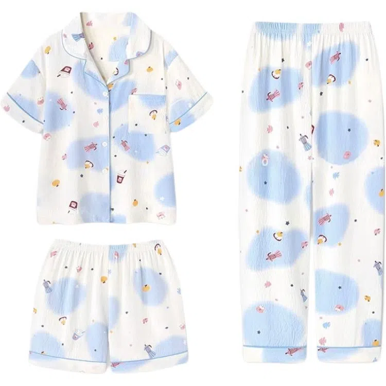 夏芬妍 柔软舒适卡通云朵棉翻领开衫家居服亲肤休闲短袖三件套时尚可外穿睡衣套装 女款 蓝色