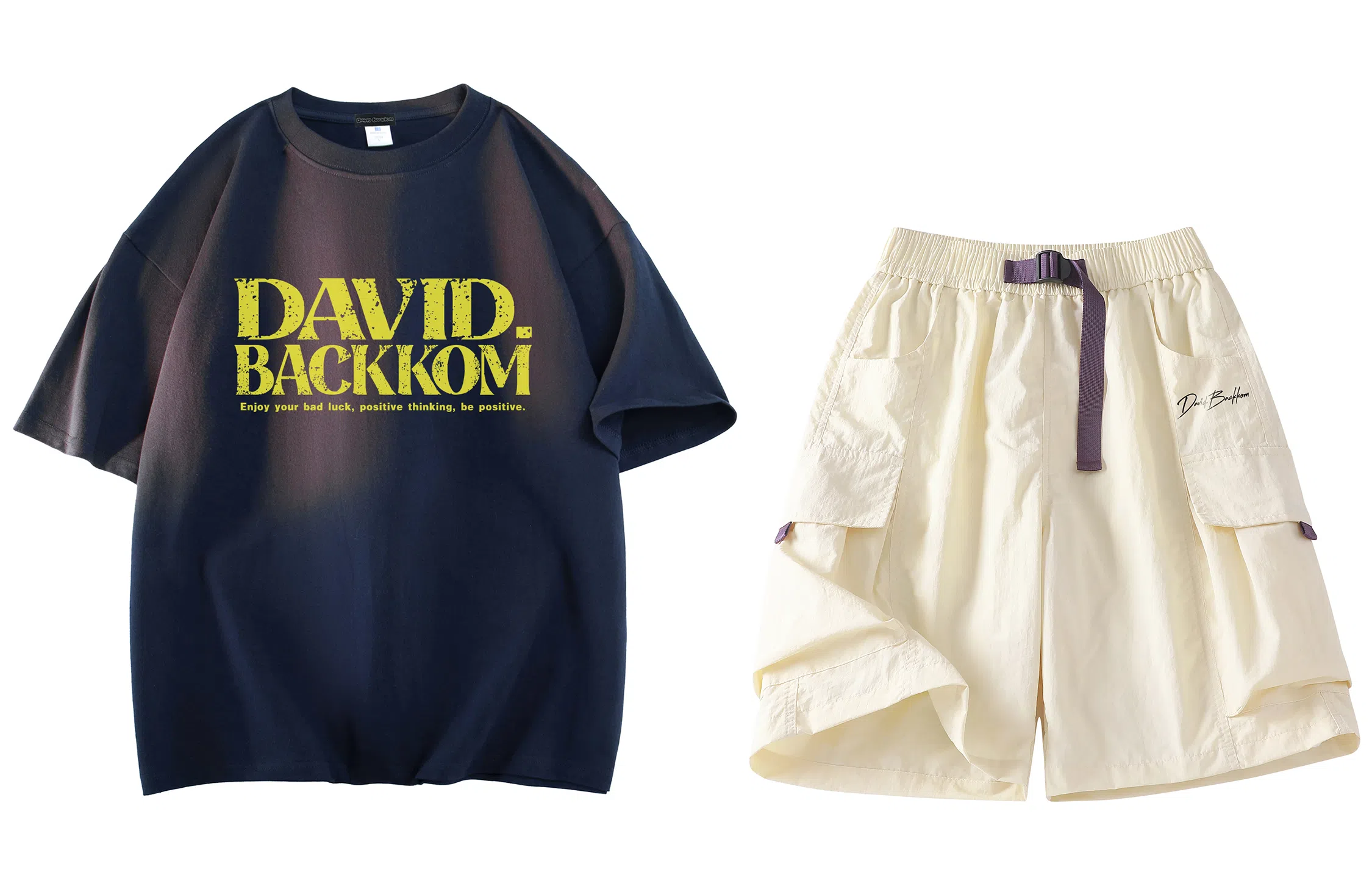 大卫贝肯 ×贝肯熊 联名款 幸运四叶草打碎字母印花透气圆领短袖手写撞色工装五分裤休闲运动套装 男女同款