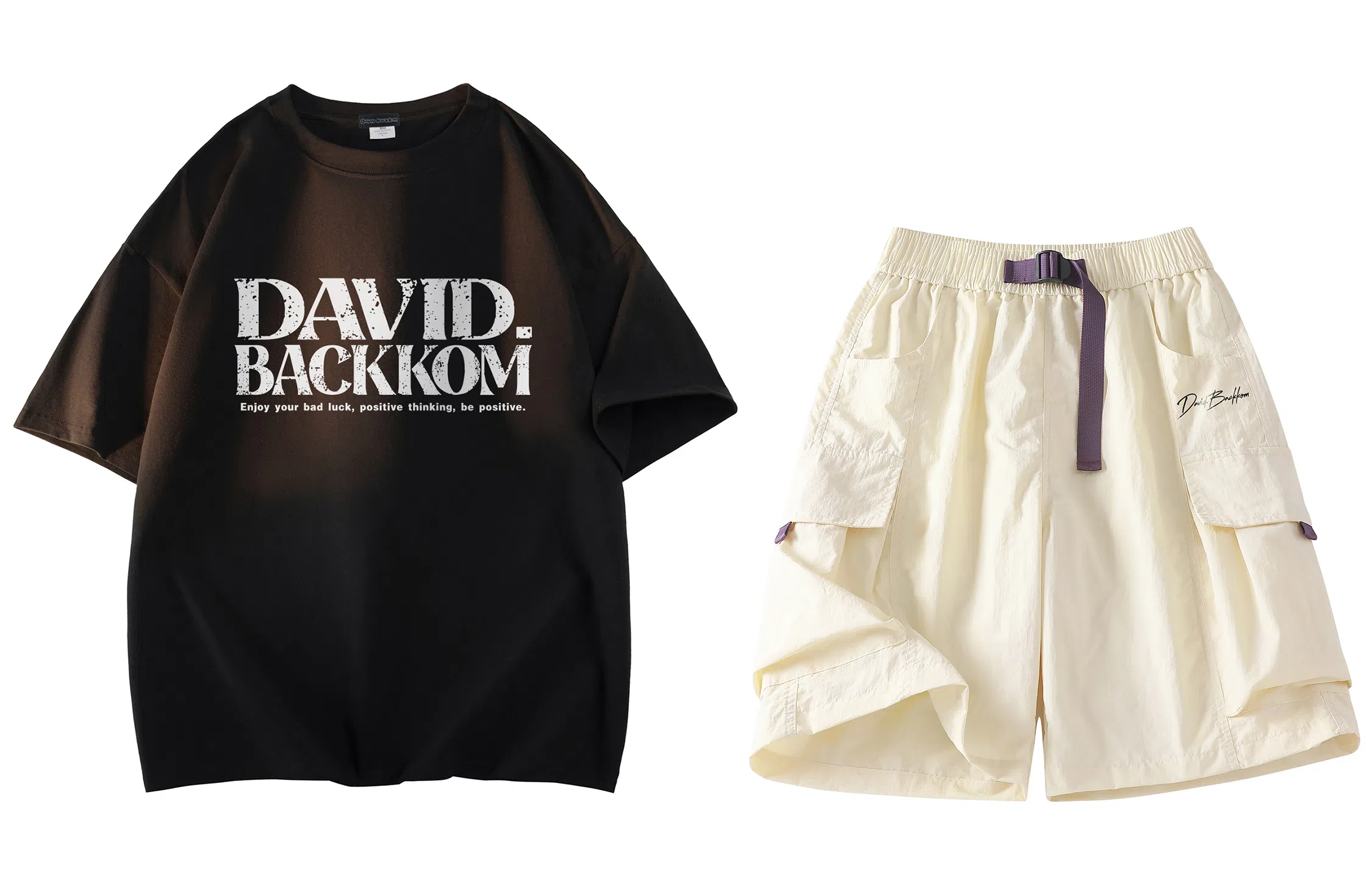 大卫贝肯 ×贝肯熊 联名款 幸运四叶草打碎字母印花透气圆领短袖手写撞色工装五分裤休闲运动套装 男女同款