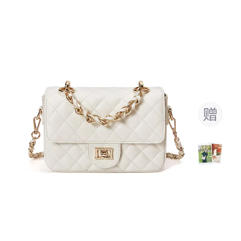 红蜻蜓 百搭小香风菱格链条高级感简约通勤实用 牛皮 斜挎包 常规 女款 米白色/黑色