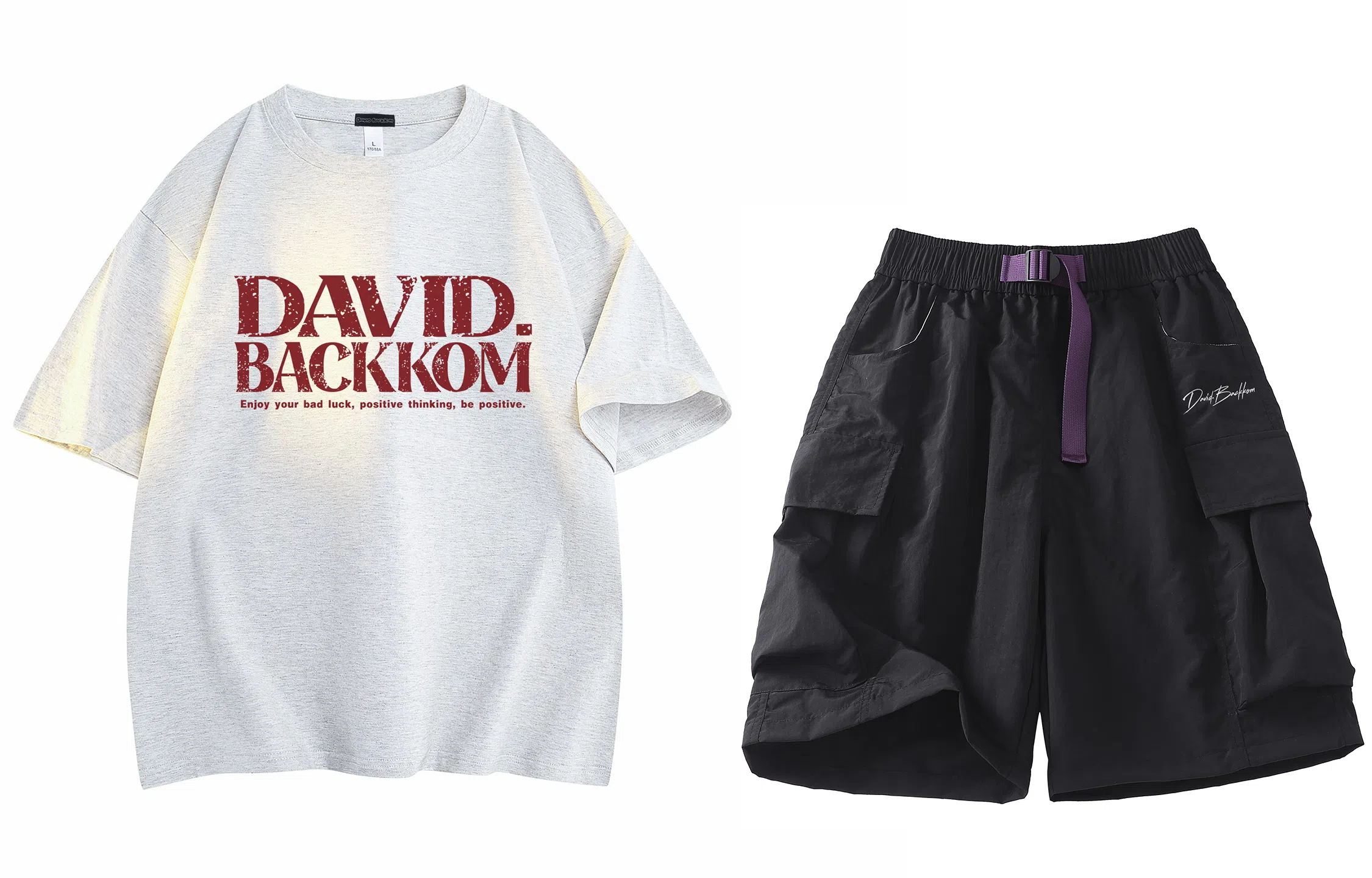 大卫贝肯 ×贝肯熊 联名款 幸运四叶草打碎字母印花透气圆领短袖手写撞色工装五分裤休闲运动套装 男女同款