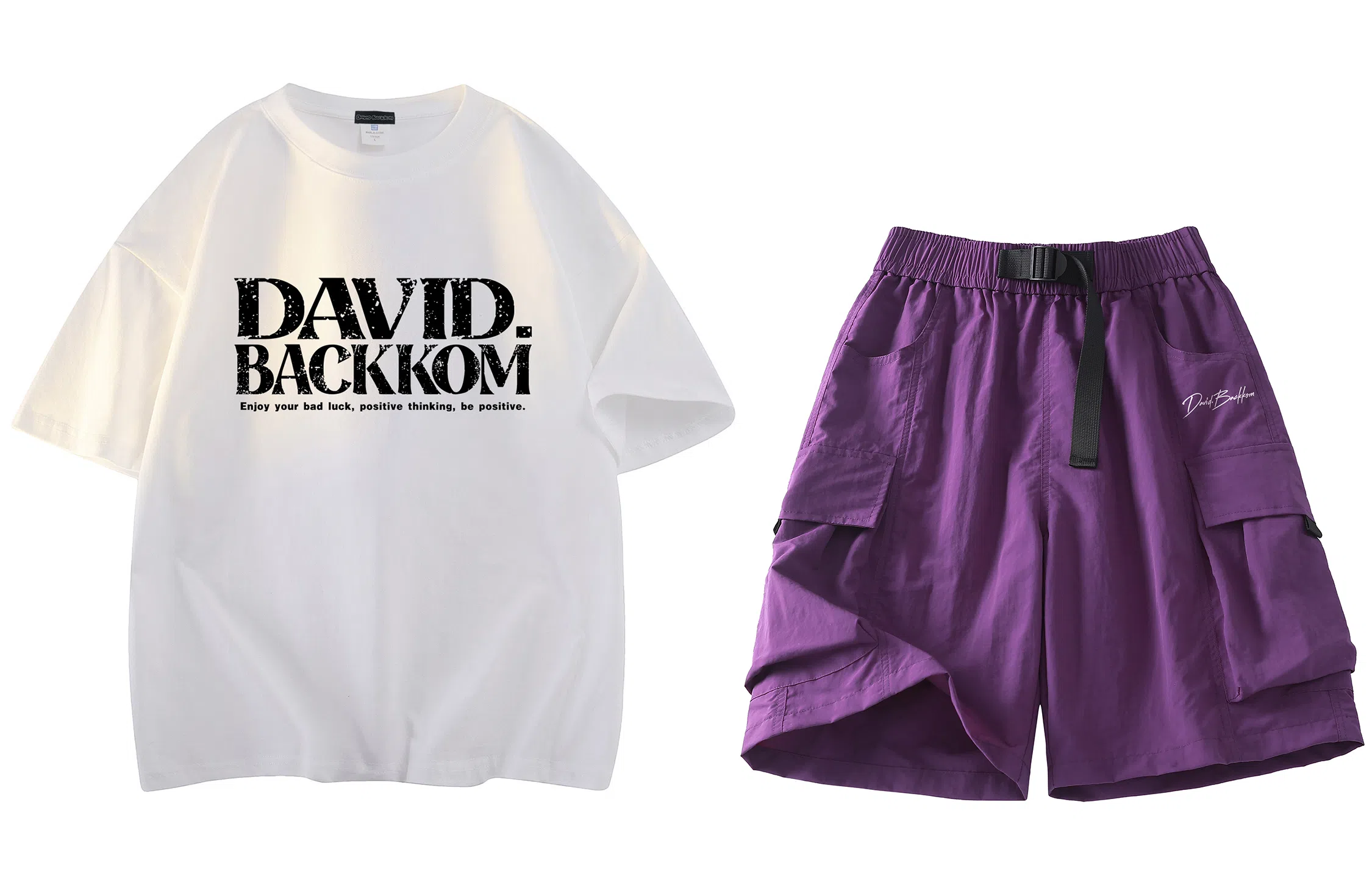 大卫贝肯 ×贝肯熊 联名款 幸运四叶草打碎字母印花透气圆领短袖手写撞色工装五分裤休闲运动套装 男女同款