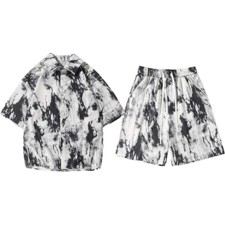 零氏 清心竹植物花卉印花图案透气翻领纽扣国潮中国风短袖短裤运动-套衬衫套装 男女同款