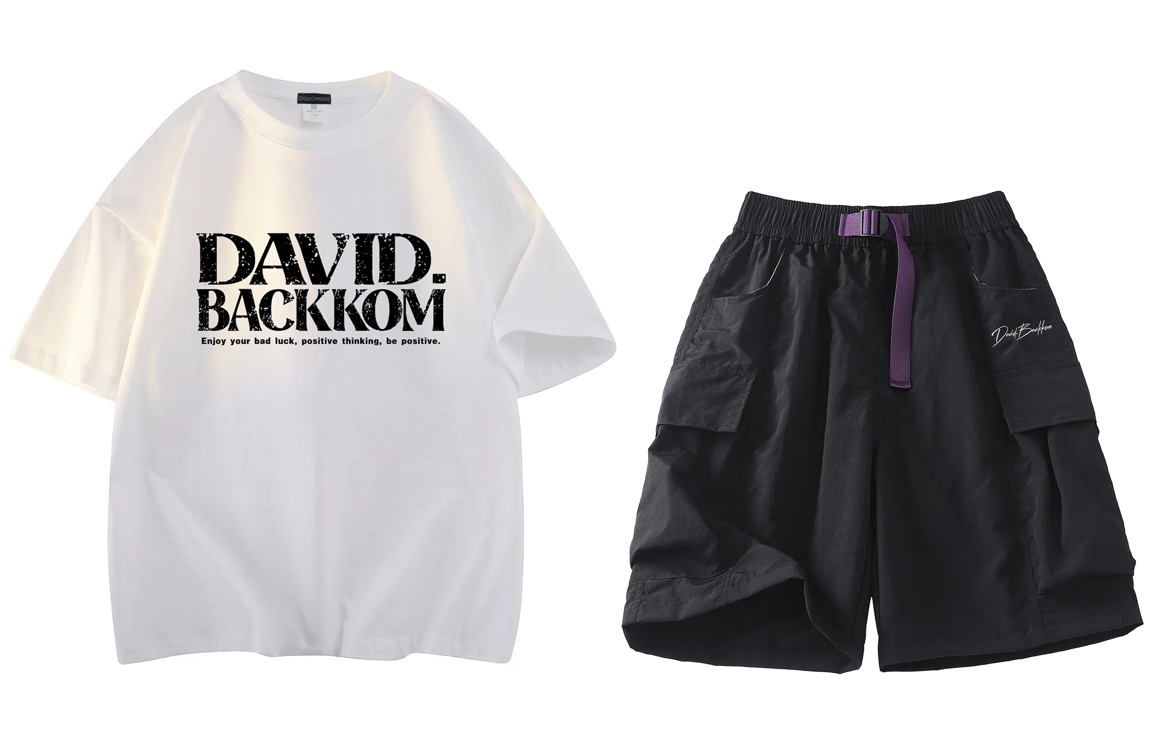 大卫贝肯 ×贝肯熊 联名款 幸运四叶草打碎字母印花透气圆领短袖手写撞色工装五分裤休闲运动套装 男女同款