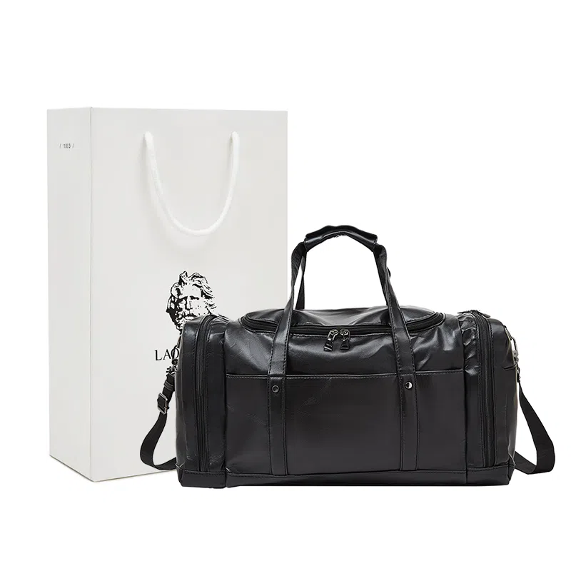 老人头 商务通勤短途出差大容量多功能行李袋 合成革 旅行包 男款 黑色