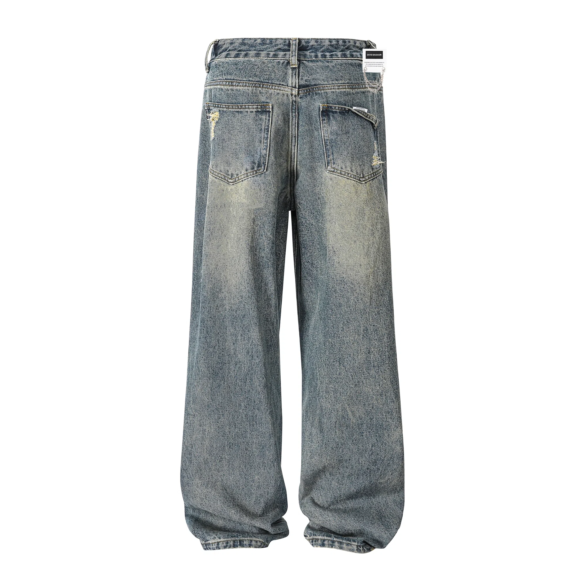 大卫贝肯 美式复古高街风水洗磨破设计舒适亲肤透气直筒长裤通勤百搭垂感休闲中腰宽松破洞牛仔裤 男女同款