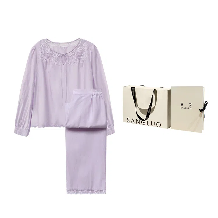 桑罗 丝棉睡衣套装自带胸垫防凸点长袖内衣 女款 礼盒装