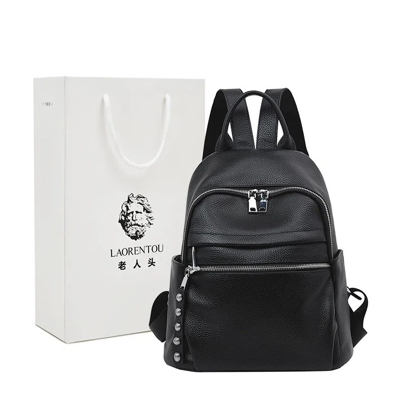 老人头 时尚休闲百搭简约通勤学生上课上班旅行背包 头层牛皮 双肩包 女款 黑色