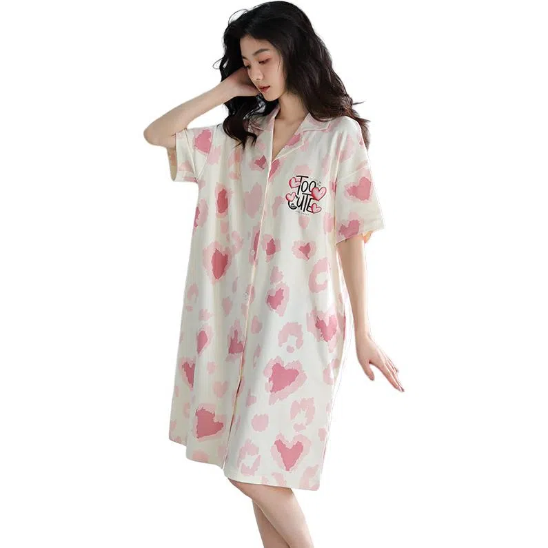 兰缪 纯棉法式性粉色爱心可爱卡通开衫睡裙 女款