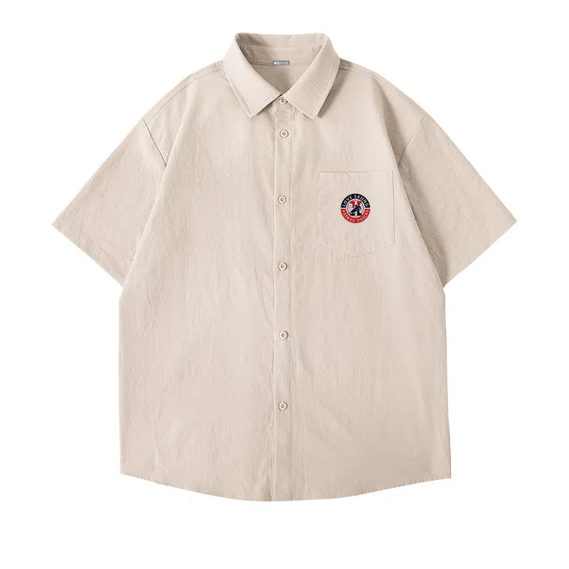 红豆 冰丝凉感顺滑基础款美式复古潮流工装衬衣休闲宽松轻薄透气舒适有型接触凉感百搭宽松纽扣翻领户外短袖衬衫 男女同款