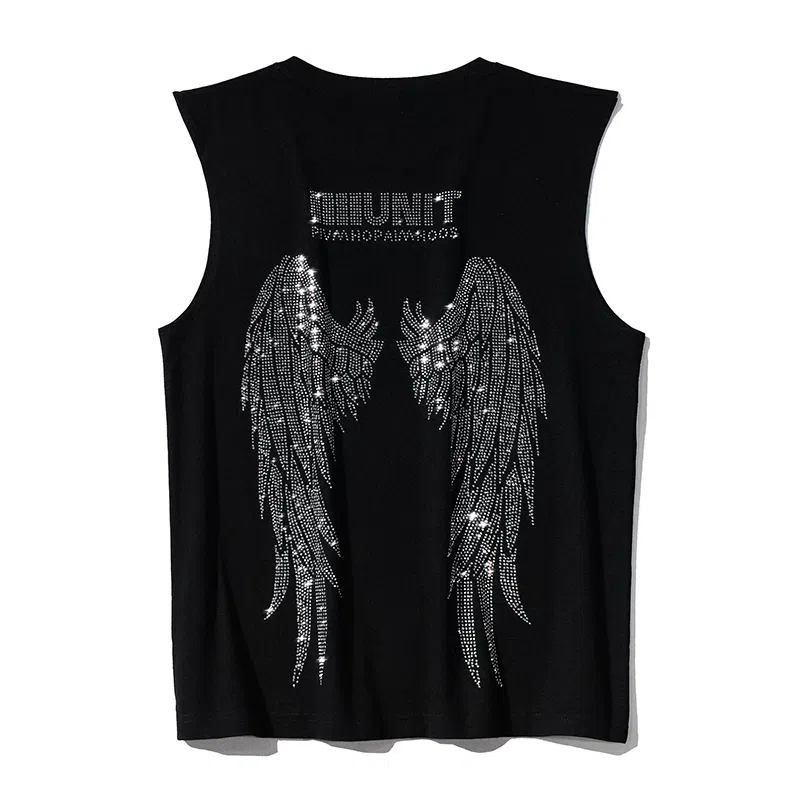 乱步 美式潮流烫钻印花纯棉宽松休闲个性无袖背心 男女同款