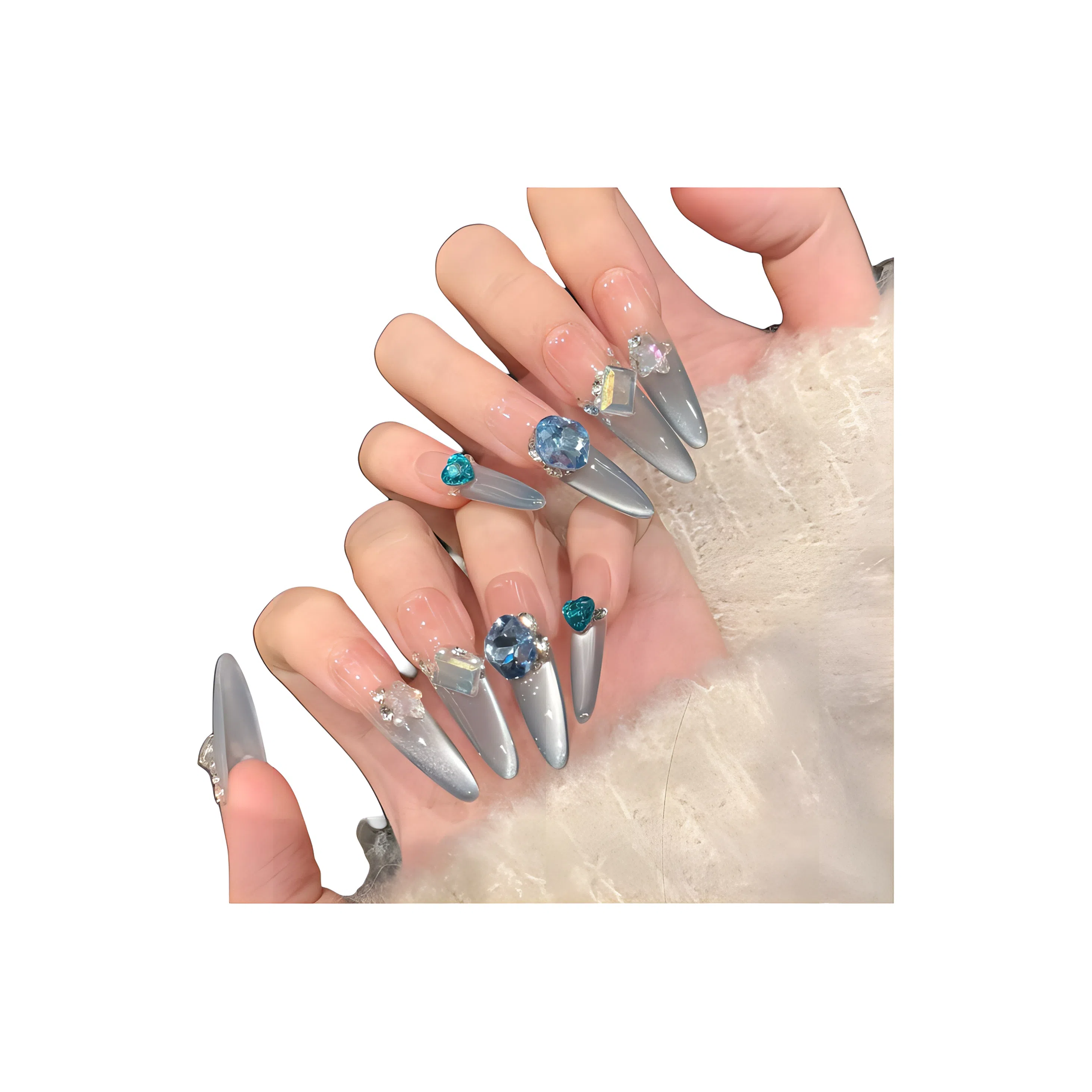 柚予颜 海蓝宝多瑙河  穿戴甲 长款蓝色渐变 纯欲 纯手工 法式侧光猫眼小碎钻爆闪