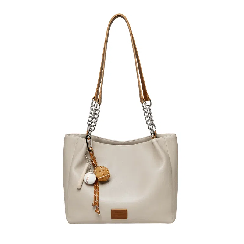 纳兰杜 休闲百搭高颜值小众高级感 牛皮拼合成革 单肩包 大号 女款 植鞣白拼棕色/植鞣棕色