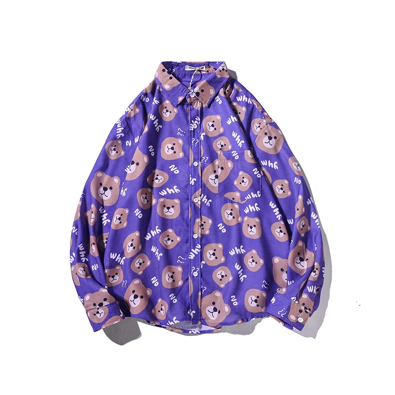 乱步 慵懒休闲个性创意帅气设计感数码印花复古青少年学生长袖衬衫 男女同款