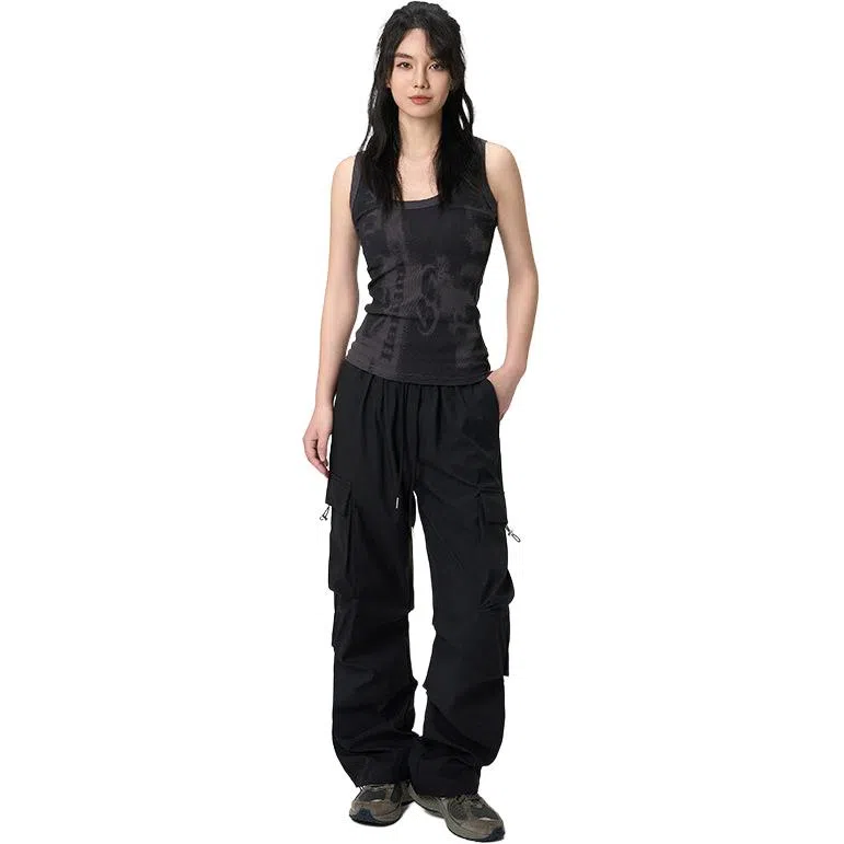 欧迪芬 美式潮流高街复古褶皱街头时尚宽松直筒工装裤 女款