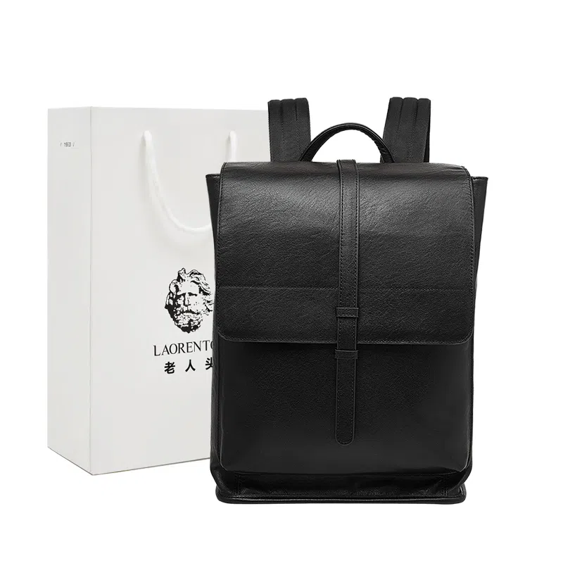 老人头 潮流休闲通勤大容量上课上班早八背包 头层牛皮 双肩包 男款 黑色