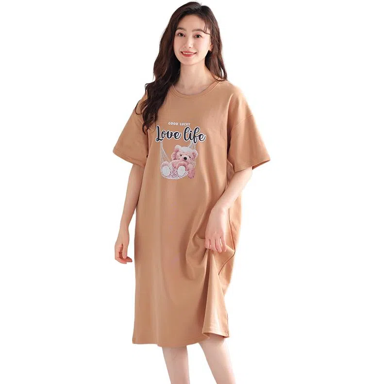 兰缪 缪纯棉睡衣款卡通短袖带胸垫薄款睡裙 女款