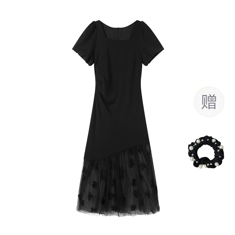 MistShine French Elegance Square Neck Butterfly Mesh Dress