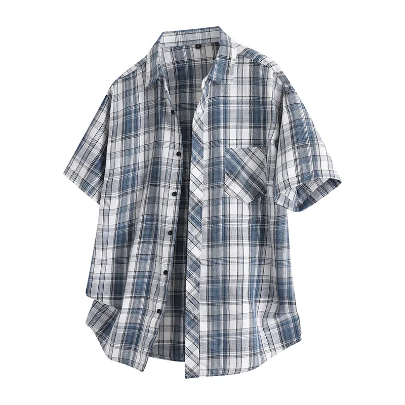 【dme】 薄款简约格子衬衣青少年帅气外套夏季短袖衬衫 男女同款