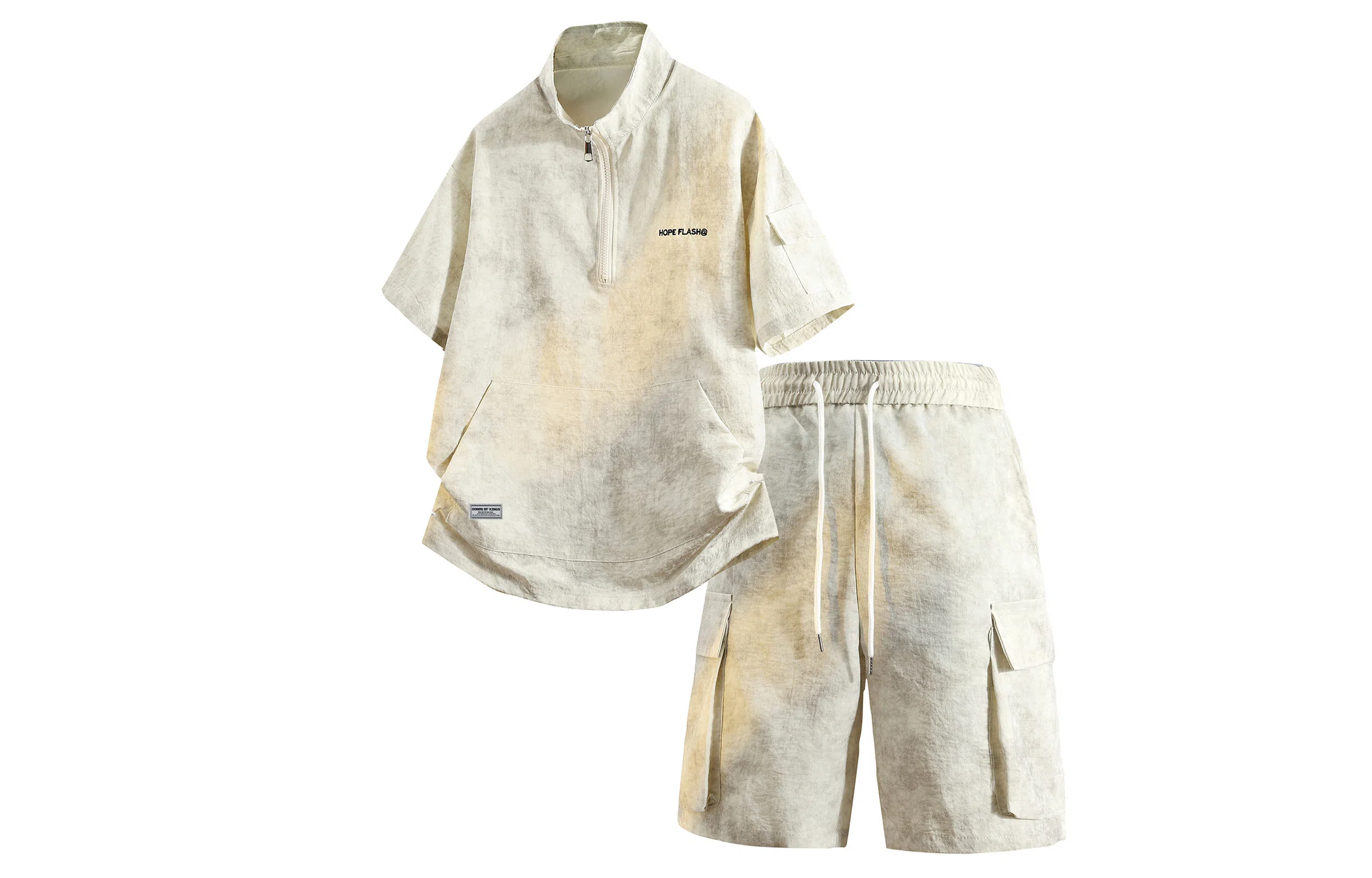 王者荣耀 标语款 美式复古扎染万针刺绣半拉链短袖上衣宽松舒适高街设计感高级感工装五分短裤休闲运动套装 男女同款