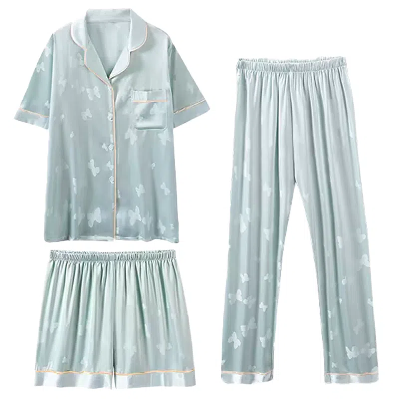 夏芬妍 甜美休闲高级感蝴蝶满印冰丝翻领家居服舒适亲肤宽松短袖三件套可外穿睡衣套装 女款