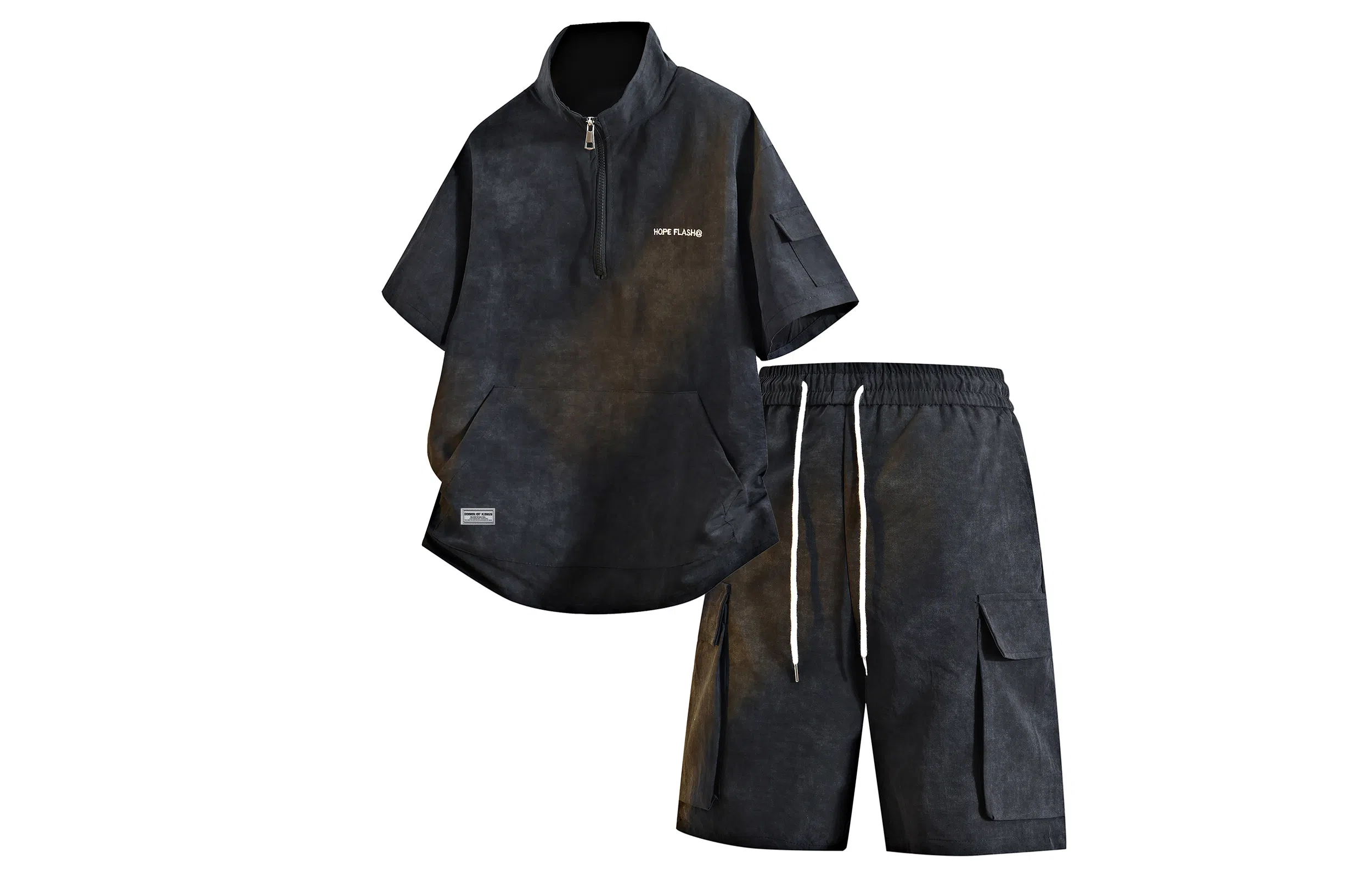 王者荣耀 标语款 美式复古扎染万针刺绣半拉链短袖上衣宽松舒适高街设计感高级感工装五分短裤休闲运动套装 男女同款