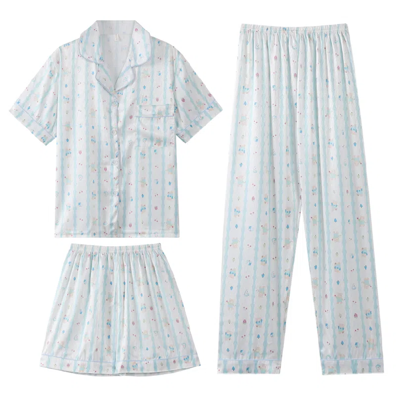 夏芬妍 可爱舒适卡通条纹小熊冰丝翻领家居服亲肤休闲短袖三件套时尚可外穿睡衣套装 女款