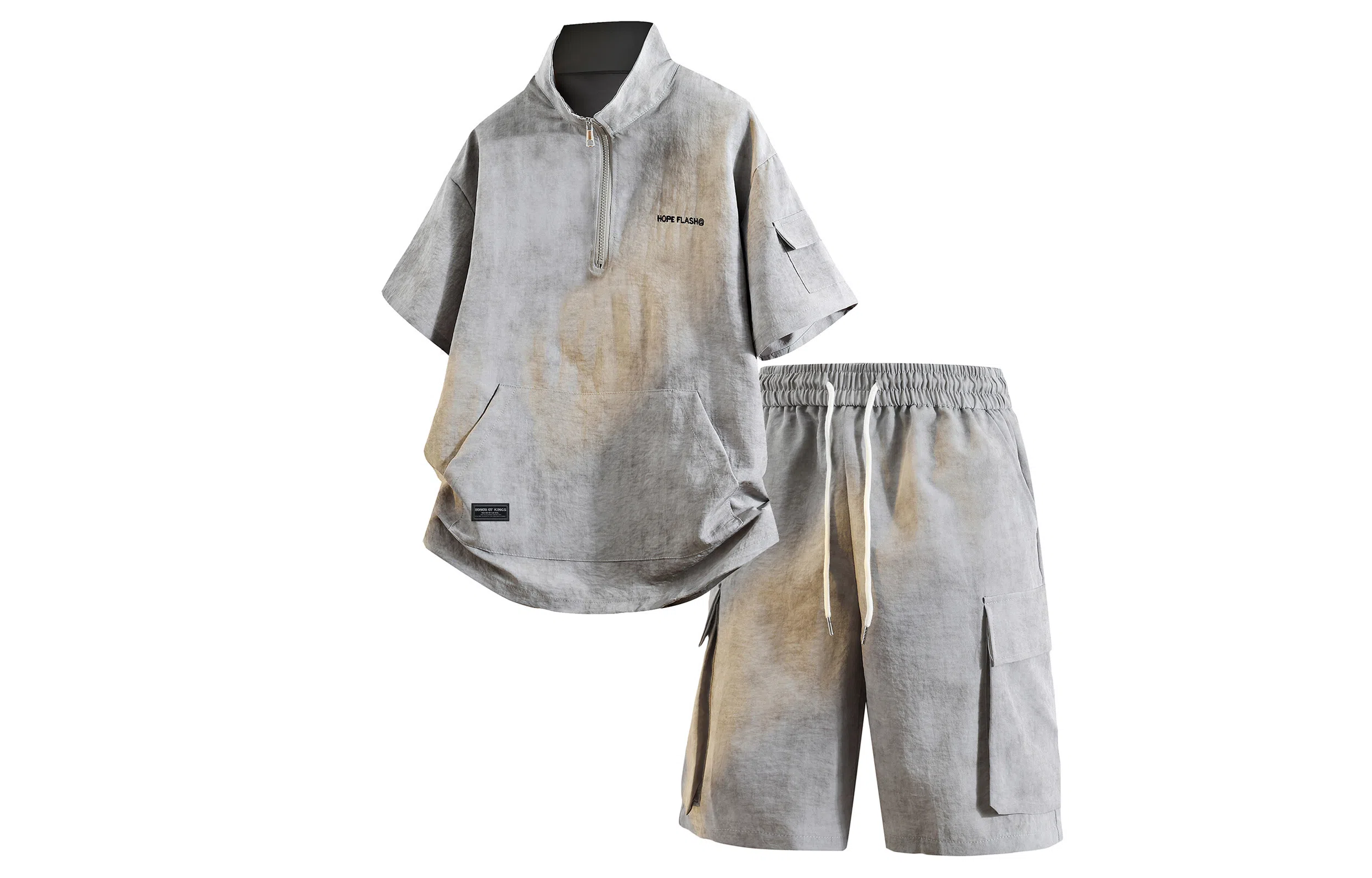 王者荣耀 标语款 美式复古扎染万针刺绣半拉链短袖上衣宽松舒适高街设计感高级感工装五分短裤休闲运动套装 男女同款