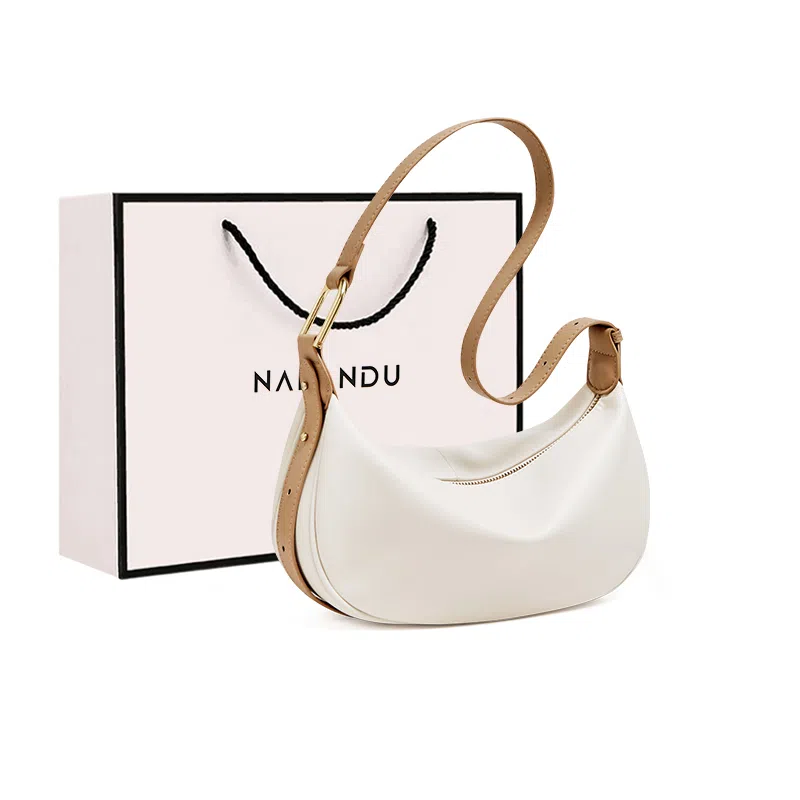 纳兰杜 时尚法式流行休闲百搭小众通勤 牛皮拼合成革 饺子包腋下斜挎包 中号 女款 多色