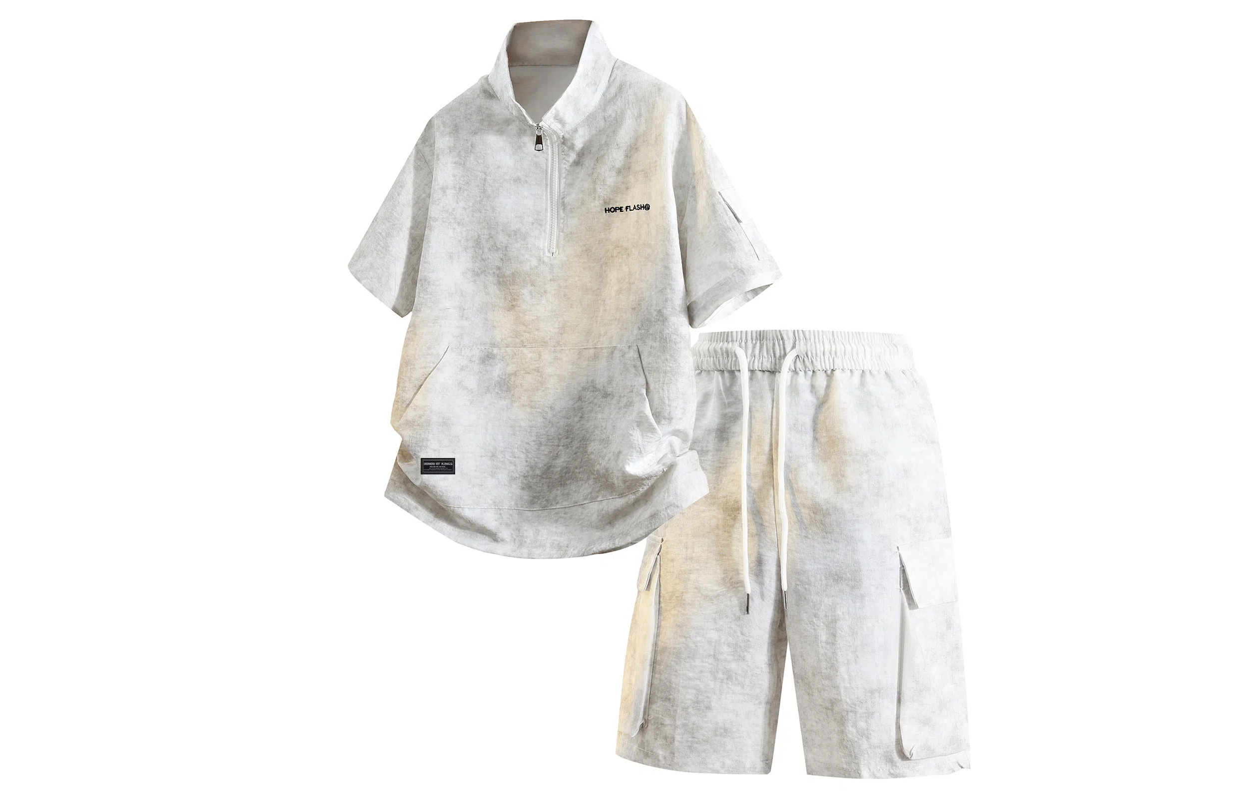 王者荣耀 标语款 美式复古扎染万针刺绣半拉链短袖上衣宽松舒适高街设计感高级感工装五分短裤休闲运动套装 男女同款