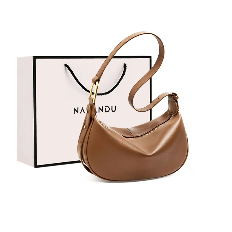 纳兰杜 时尚法式流行休闲百搭小众通勤 牛皮拼合成革 饺子包腋下斜挎包 中号 女款 多色